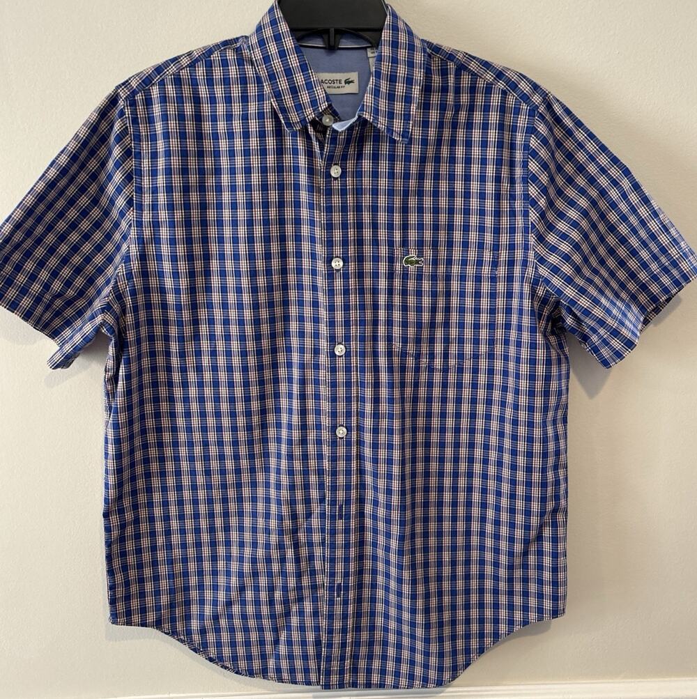 Lacoste Linen Shirt Mens blue Plaid Short Sleeve Button Up 40 / M Medium- EUC
